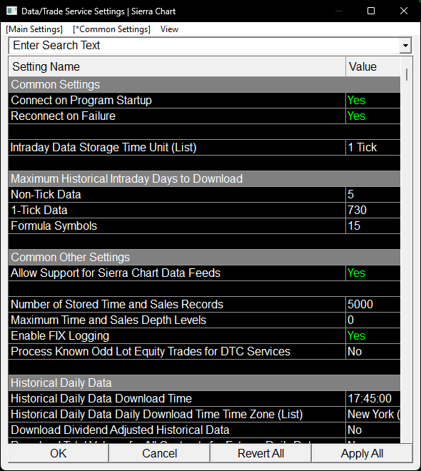 Data / Trade Service Settings